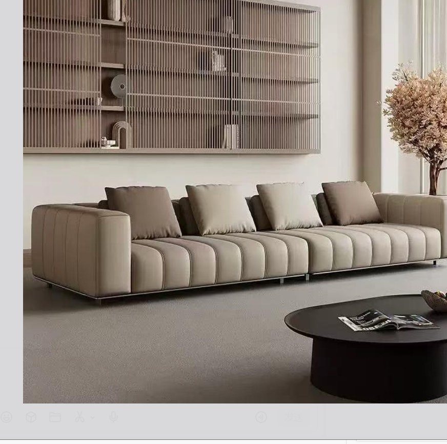 Modular beige sofa programme with slat wall in a Foshan showroom